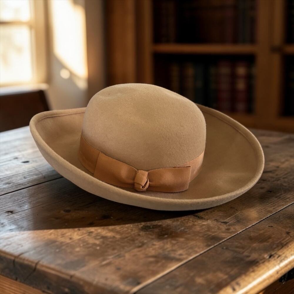 Vintage 100% Wool Felt Wide Brim Hat Camel Tan Bow Trim Women’s Size M USA